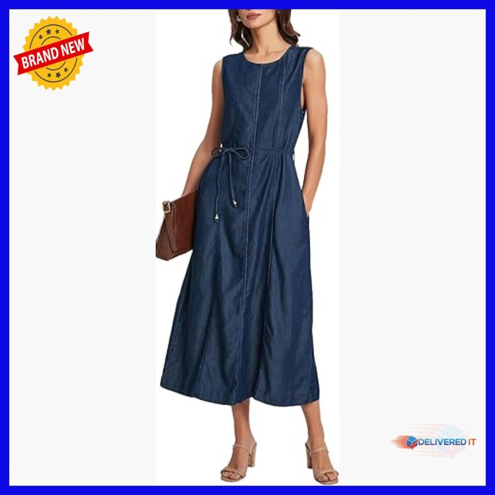 Sleeveless Midi Denim Dress with Pockets, Loose Fit Summer Casual